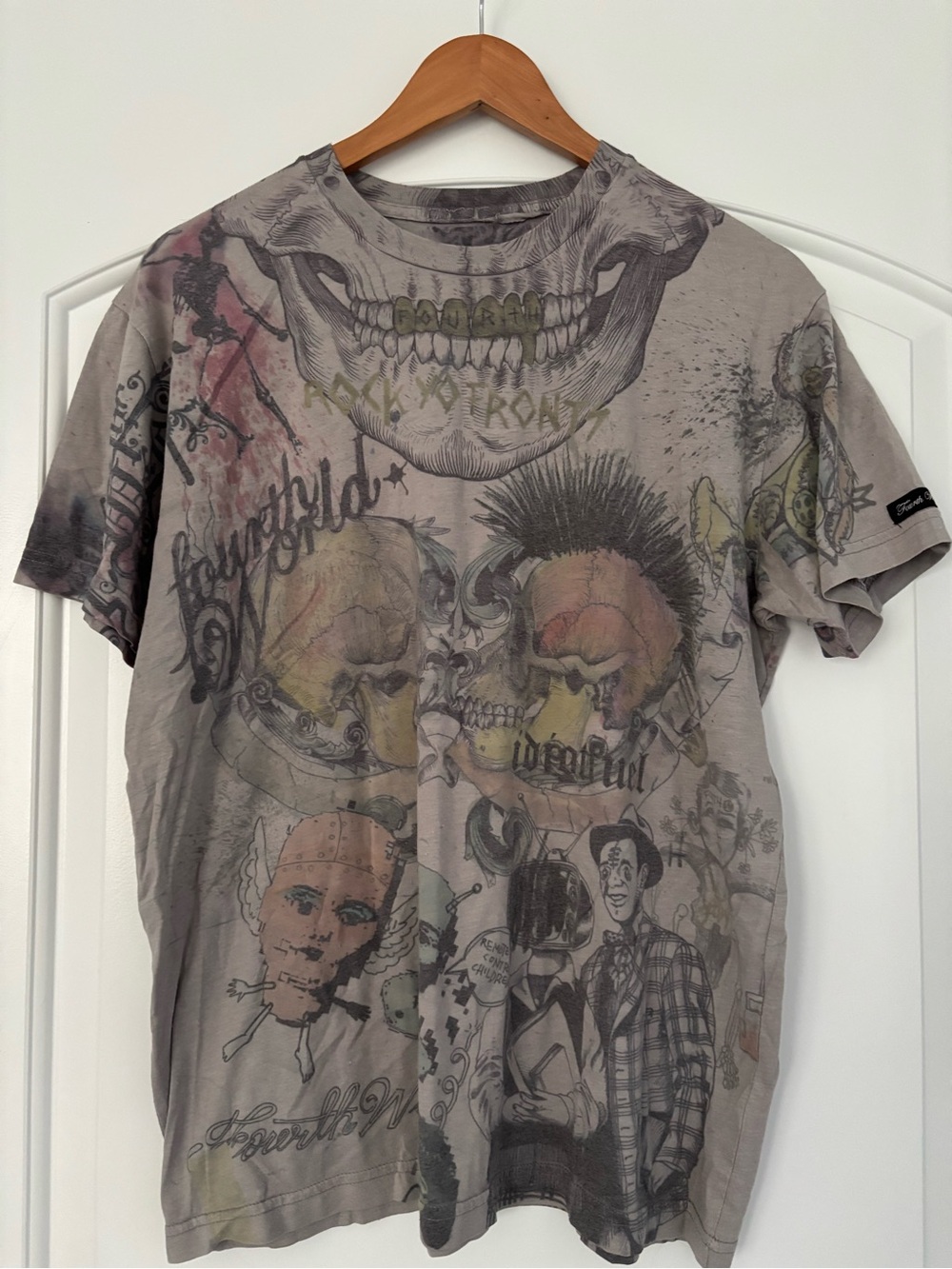 Vintage Fourth World All Over Print Skull Shirt Punk Grunge Goth Gray Men's L